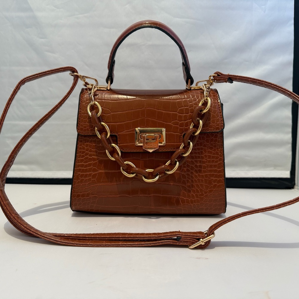ALDO Brown Croc-Embossed Top Handle Bag with Gold Chain